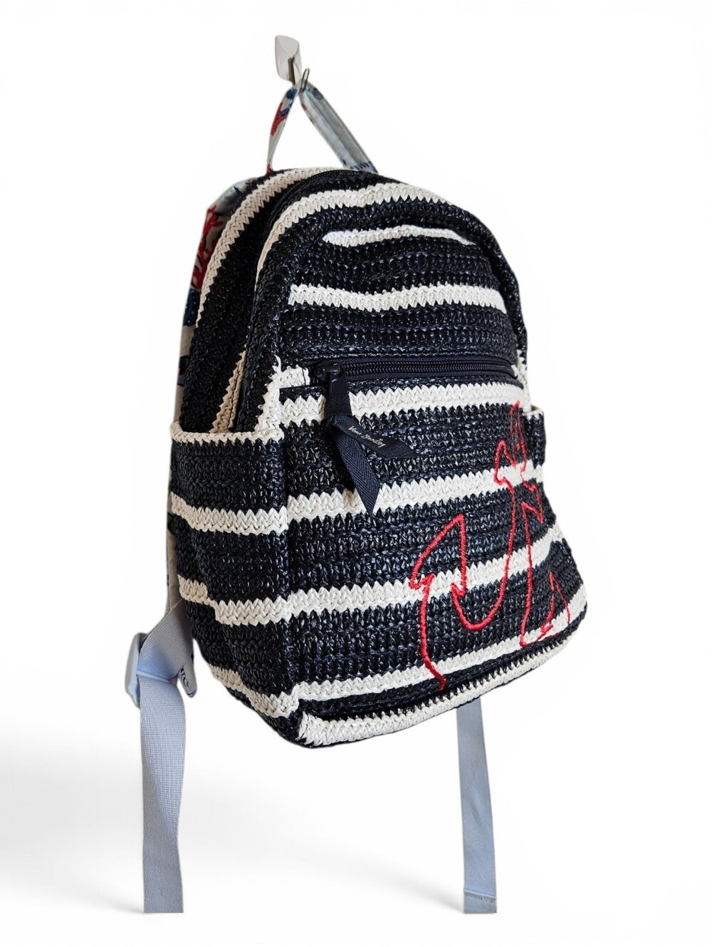 Vera Bradley Navy and White Striped Crochet Backpack with Red Anchor Accent